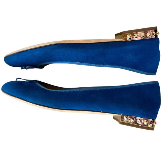 J.Crew Cobalt Blue Suede Leather Gold Studded Heel Round Toe Ballet Flat - Picture 5 of 8